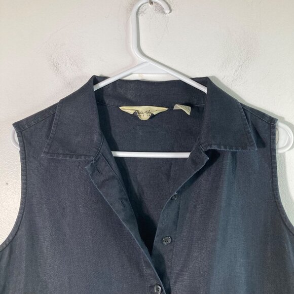 Womens Eddie Bauer Linen Button Dress Sleeveless Pockets Black M - Picture 3 of 5